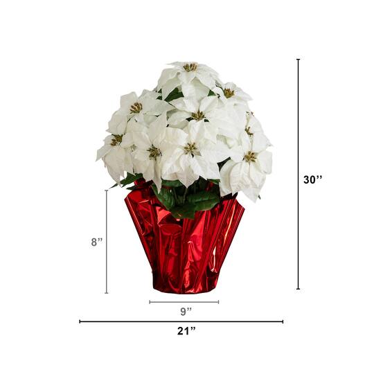 Nearly Natural 30" White Artificial Grand Velvet Poinsettia Arrangement in Red Wrapped Planter